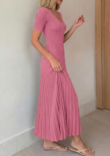 Image of PRETTYGARDEN Women's 2026 Spring Midi Sweater Dresses Elegant Pleated Ribbed Knit Short Sleeve V Neck A Line Summer Outfits