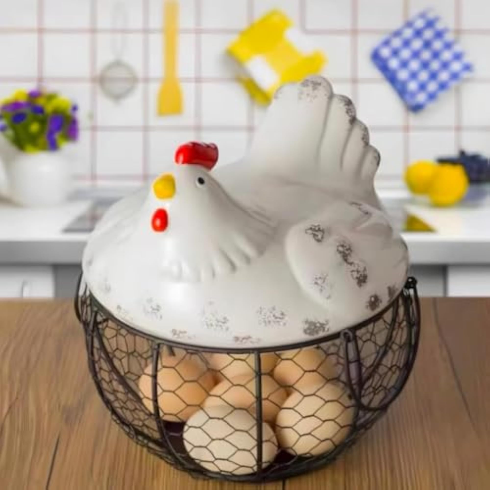 Farmhouse Chicken Egg Basket with Ceramic Hen Lid, Rustic Storage