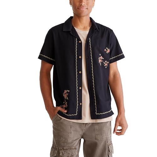 Aeropostale Men's Short Sleeve Embroidered Floral Linen Shirt, Black, X-Small