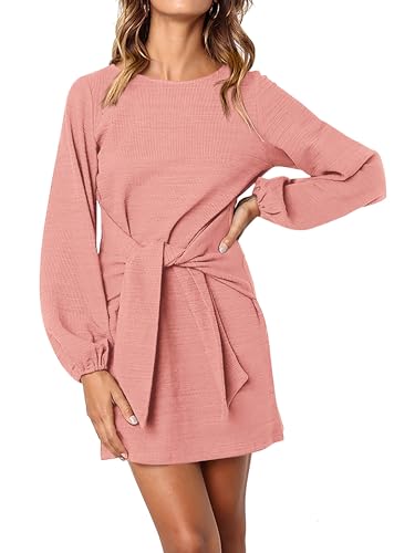 Image of PRETTYGARDEN Womens Spring Elegant Long Lantern Sleeve Short Dress Wedding Guest Crewneck Tie Waist Knit Cocktail Dresses