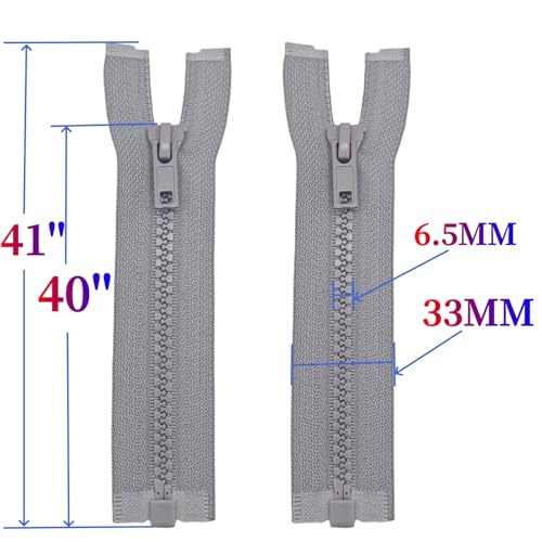 Image of MebuZip 2PCS #5 40 Inch Separating Jacket Zippers Resin Zipper Molded Plastic Zippers Bulk for Sewing Coat Jackets Clothes (Grey)