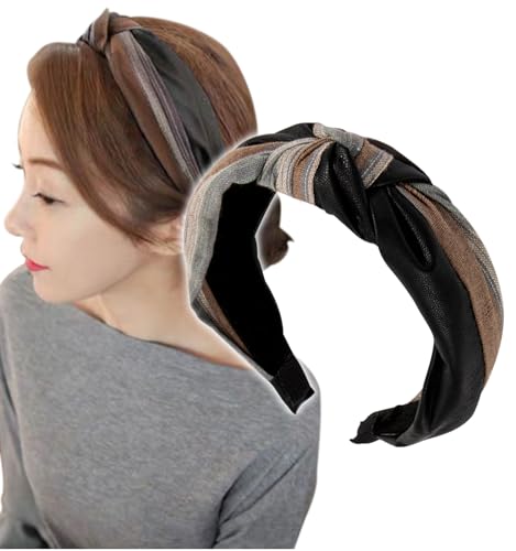 [Herbeluemily] カチューシャ ヘアバンド PUレザー バイカラー ツイスト 幅広 ワイド クロス バンダナ ブラック×ライトブラウン
