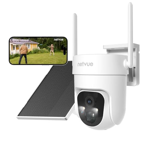 NETVUE Camera Extérieur 2K Caméra Surveillance WiFi Extérieure sans Fil Solaire, 360° PTZ avec Vision Nocturne Couleur, PIR Détection Mouvement, Audio Bidirectionnel, IP66, 2.4GHz WiFi Cloud