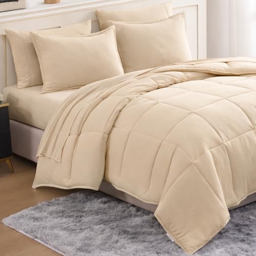 Queen Comforter Set - Pre-Washed Queen Size Bed in a Bag 7 Pieces, Down Alternative Bedding Sets with Comforters, Sheets Set, Pillowcases & Shams - Beige by Casa Platino - Used condition - CA$45.26