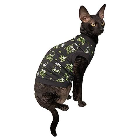 Camiseta elástica de algodón sin pelo para gatos Sculls brilla en la oscuridad Cover