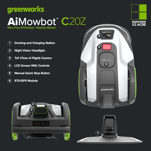 Image of Greenworks C20Z Wire-Free Robotic Lawn Mower, up to 1 /2 Acre, RTKVision Navigation, 24-Degree Slope Climbing, Smart Obstacle Avoidance, App Control with Electric Height Adjustment