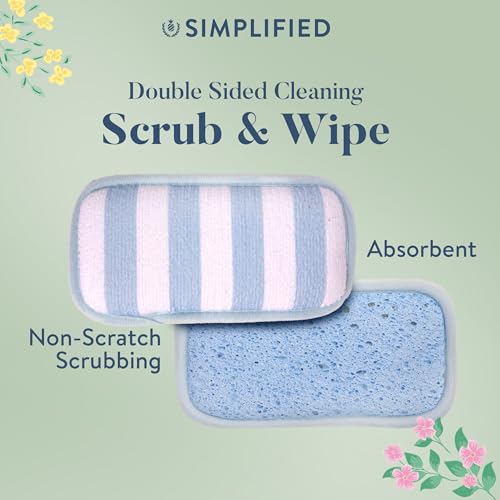 Image of Simplified 5-Pack Scrub & Wipe 2-in-1 Dishwashing Sponges - Non-Abrasive Cleaning Sponges, Double-Sided - Safe for Dishes, Non-Stick Pans or Glassware, Absorbent Dish Sponges, Blue Stripe