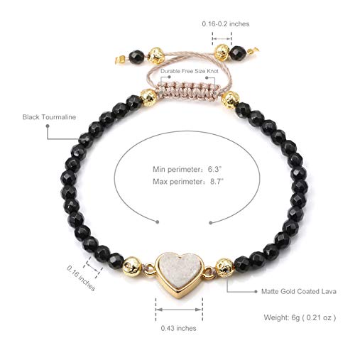 Top Plaza Womens Girls 4Mm Beads Black Tourmaline Chakra Healing Crystal Bracelet Gold Lava Rock Stone Adjustable Bracelets With Heart Shape Druzy Charm #TOP5
