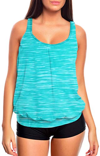 Raffinierte Bademode im Oversize Look oder Sporlich Chic Tankini Träger verstellbar Softcup Bandeau f5373 Farbe: G(1383)-HP1(sw) Tankini Türkis meliert, Hotpants Schwarz, Gr. 46 (2XL)
