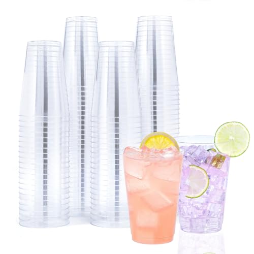 BYSNOW 100 Pack 14 oz Clear Disposable Plastic Cups Clear Plastic Cups Tumblers Cocktail Party Glasses Elegant Disposable Decoration Cup for Thanksgiving Wedding