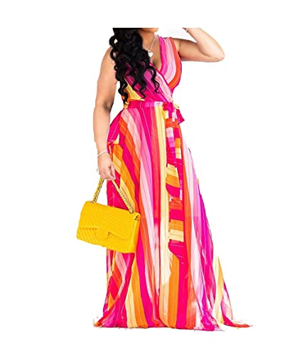 Dora's Womens Chiffon V-Neck Printed Floral Maxi Dress Sleeveless Dresses High Waisted Belt Plus Size