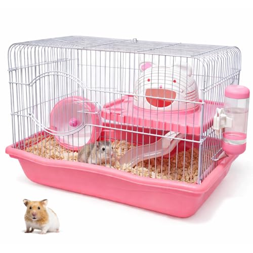 Jainsons Pet Products Double Layer Large Pet Hamster Cage, with Cat Head Design House and Silent Running Wheel, Portable Hamster Cage Includes Water Bottle & Slide Toy | Color May Vary 45cm