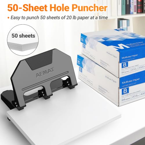 Image of AFMAT 3 Hole Punch Heavy Duty, 9 /32 inch Hole Diameter, 50-Sheet 3 Hole Puncher for Binder, 50% Reduced Effort, Metal Three Hole Punch w / 10,000+ Uses, Bulit-in S.S. Paper Guide, Large Chip Tray, HPX5