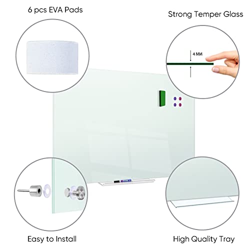 Magnetic Glass Whiteboard, Wall Mount Dry Erase White Boards With 2X Magnets, 1X Eraser (48X36) #TOP1