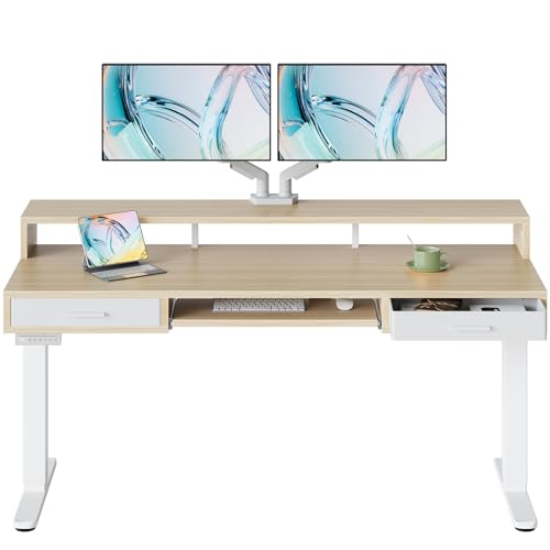 Image of HUANUO 63″ x 26″ Electric Standing Desk with 2 Drawers &24.4″ Large Keyboard Tray, C-Clamp Mount Compatible, Adjustable Computer Desk for Office, Sit Stand Up Desk with 4 Height Presets, Light Walnut