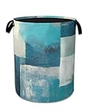 Turquoise Grey Abstract Art Painting Laundry Basket,Foldable Oxford Cloth Geometric Laundry Hamper with Handles, 20.8'x16' Tote Bag Clothes Storage Bucket for Laundry Room/Bathroom/Bedroom/Dormitories