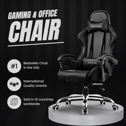 Image of GTPLAYER #1USA Multi-Functional Ergonomic Gaming & Computer Chair - Premium PU Leather, Adjustable Neck & Lumbar Pillow for Back Support (Black)