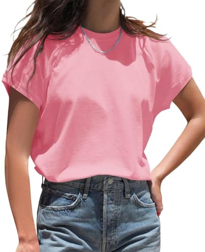 Cicy Bell Damen Rundhals T-Shirt Einfarbig Kurzarm Flügelärmeln Top Sommer Oberteile Casual Loose Fit Tunika Basic Tank Top (Rosa,L)