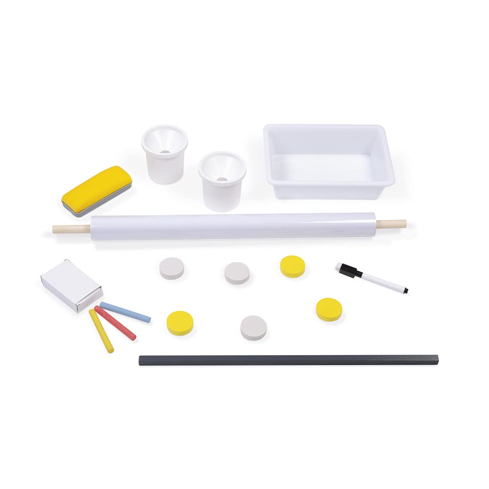 Janod - Tableau Double Face en Bois Gris et Jaune - Face Noire et Face Blanche Magnétique -Tableau Réglable en Hauteur - Avec Rouleau Papier Dessin - Nombreux Accessoires - Dès 3 Ans, J09630