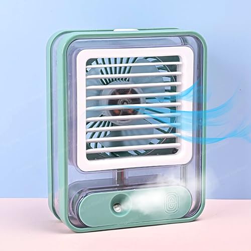 Image of FunBlast Portable Mist Spray Fan - USB Rechargeable Mini Desk Fan with 3 Speed Settings, Water Spray & LED Night Light, Compact Cooling Table Fan for Travel, Office & Home Use (Green)