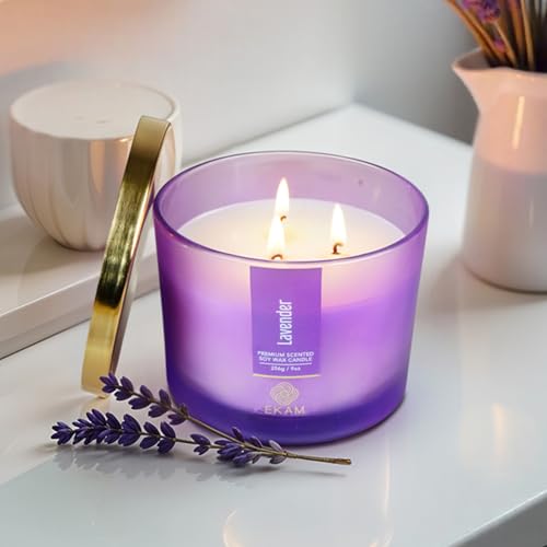 Image of EKAM 3 Wick Soy Wax Scented Candle | Lavender Fragrance | 35 Hr Burn | Long Lasting Premium Jar Candle for Home Decor, Relaxation & Aromatherapy