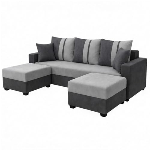 Image of Zenix Dual Tone Rich Velvet Suede 3 Seater Sofa Set with 2 Ottomans | Spacious Soft Touch Comfort Seating | Modern Sofa for Living Room (Dark Gray & Light Gray)