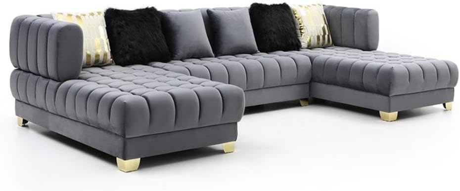 Pemberly Row U-Shaped Velvet Double Chaise Sectional Sofa, 140" Large Gray Couch, 6 Pillows, Tufted Design, Gold or Silver Legs, Sturdy Frame, Elegant Living Room Seating, Easy Assembly Required