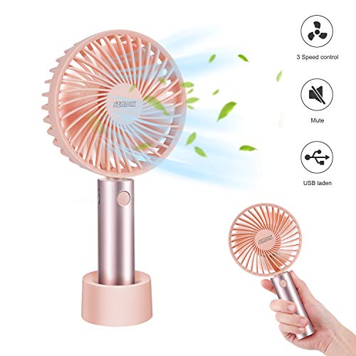 SZMDLX Tragbarer Handventilator, USB-Aufladung, 3 Geschwindigkeiten, Mini-Handventilator mit Basis, geeignet für Zuhause, Reisen, Büro rose