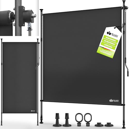 tillvex® Klemmmarkise Senkrechtmarkise 120x310cm Anthrazit mit Handkurbel ohne Bohren | Sichtschutz Ausziehbar & Blickdicht | Vertikalmarkise Balkon Terrasse Garten | Sichtschutzrollo Wetterfest