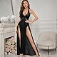 KOEMCY Sexy Dessous DamenV-Ausschnitt Mesh Longe Negligee vom Hals Herabhängen Durchsichtige Babydoll Reizwäsche Geschlitztes Negligee Spitzen Chemise（Schwarz/M）