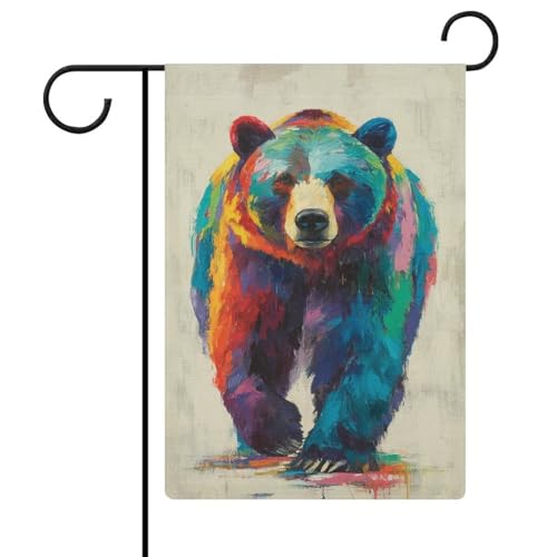 Bunte Grizzlybär-Gartenflagge, saisonale Feiertage, Jute, doppelseitig, Haus, Hof, Außenflaggen, 32 x 47 cm