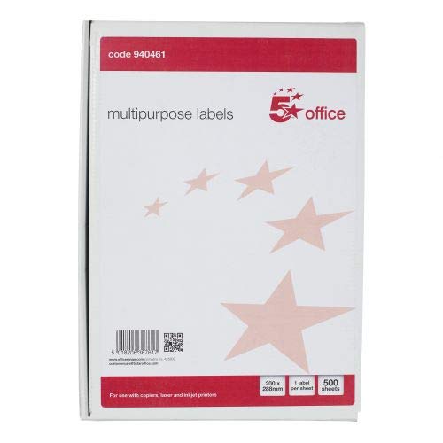 5 Star Office 940461 200 x 288 mm Laser Copier and Inkjet Multipurpose Label - White (Pack of 500)