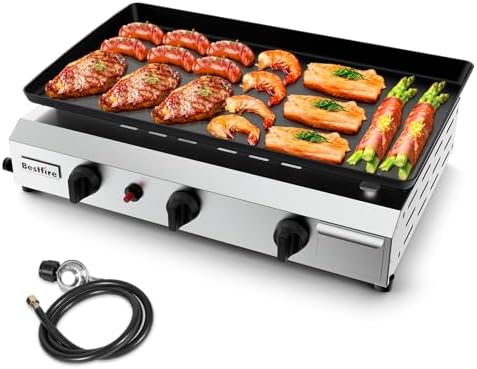 Bestfire 3 Burners Gas Propane Griddle,Outdoor Portable Propane Gas Grill Griddle-30000 BTU, Stainless Steel Flat Top Griddle Station for Kitchen, BBQ, Camping Tailgating 23 Inch Flat Top Grill