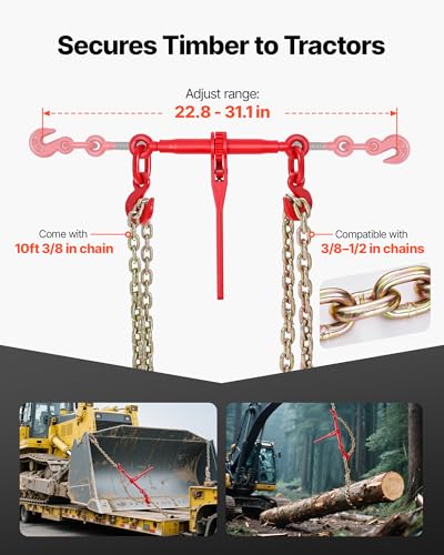 Image of VEVOR Ratchet Chain Binder, 3 /8 in x 10 ft G80 Chains, 9200 lbs Working Load of Ratchet Load Binder, Chains and Binders Set, Tie Down Hauling Chain Binders for Hauling, Towing, Logging, Lifting