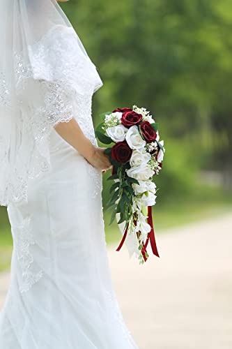 Ansofi Cascading Wedding Bridal Bouquet, Wedding Bride Bouquet, Wedding Holding Bouquet With Artificial Roses Lace Long Ribbon, Perfect For Wedding, Church #TOP3