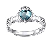 Bestyle Silver Love Celtic Claddagh Ring Created Heart Gemstone Rings March Aquamarine Crystal Birthstone Rings for Women, Hypoallergenic Adjustable Rings for Every Finger, Size 6-12