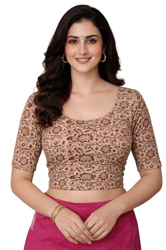 Image of Amazon Brand - Anarva Women's Kalamkari Print Cotton Stretchable Round Neck Readymade Saree Blouse