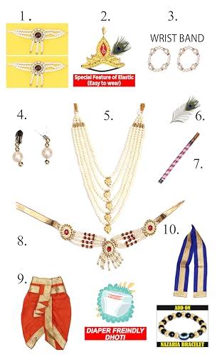 Image of Raj Fancy Dresses Shri Krishna Dress for Baby Boy & Girl, Janmashtmi Dress with Diaper-friendly Dhoti & Dupatta, Mor Pankh Mukut