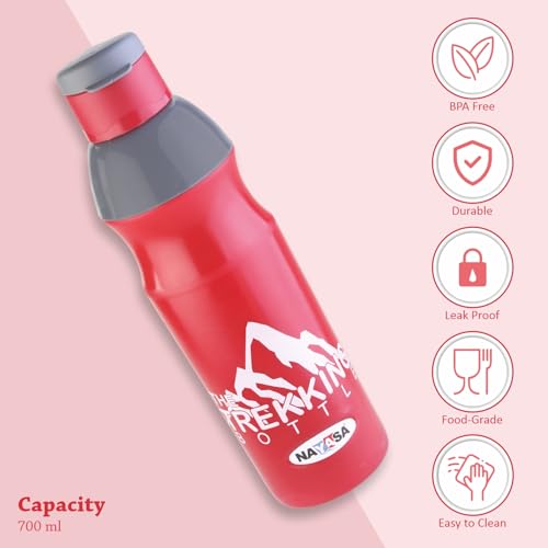 Image of Nayasa Trekking 700ml Water Bottle | BPA-Free Insulated Plastic Inner | Leak-Proof Twist Cap | For Office, School, Gym, Travel, and Outdoor Use | Red