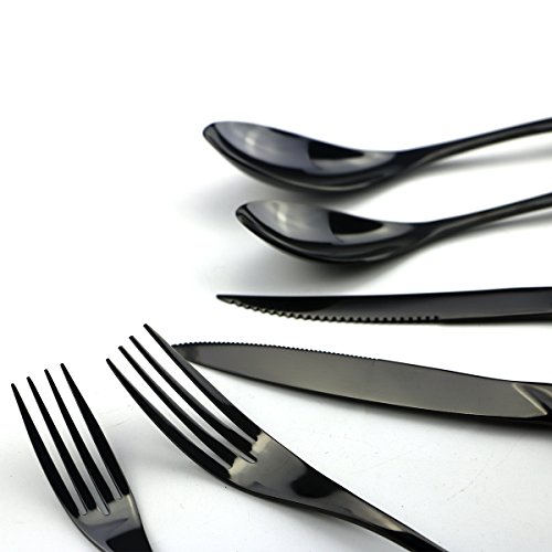 Uniturcky Stainless Steel Mirror Polished Flatware Set, Steak Knife Dinnerware Knife Fork Salad Fork Dessert Spoon 6-Piece, Service For 1, Black #TOP4