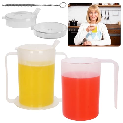 BakeBloom Adult Beakers for Elderly Non Spill 2-Pack Sippy Cups with Single & Double Handle 400ml Plastic Drinking Cup with 2 Lids for Arthritis Stroke Parkinsons Care Home Beaker Set