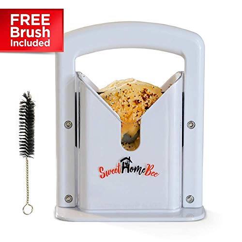 Sweet Home Bee Bagel Slicer, Stainless Steel Kitchen Guillotine Cutter with Safe Grip and Safety Shield for Bagels, Breads, Muffins, Buns, Rolls - Fast, Easy And Safe, White by Sweet Home Bee - Used condition - Image 4