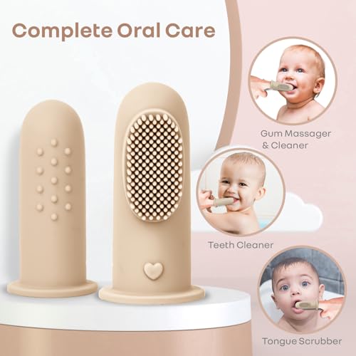 Image of R for Rabbit Tiny Smiles Gummy Finger Toothbrush for Babies | BPA-Free Silicone 2 in 1 Brush & Tongue Cleaner with Storage Case | Oral Care for 0+ Months | Safe & Travel-Friendly (Beige)