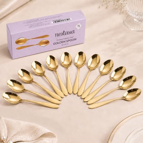 Image of Nestasia Stainless Steel 12 Piece Cutlery Set for Dining Table - Rust & Stain Resistant Spoons with Glossy Finish | Gold PVD-Coated Flatware Set for Home, Kitchen & Gifting