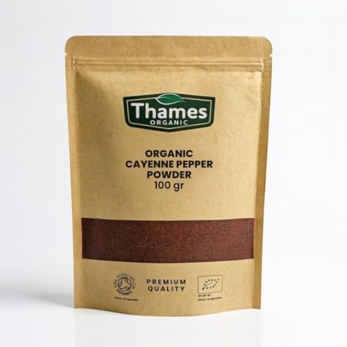 Organic Cayenne Pepper Powder Ground Cayenne Chili Spice Non-GMO No Additives Certified Organic Ideal for Cooking & Seasoning Resealable Pouch by Thames Organic 100g