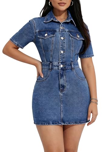Image of Denim Bodycon Dresses for Women Trendy Short Sleeve Mini Jean Dress