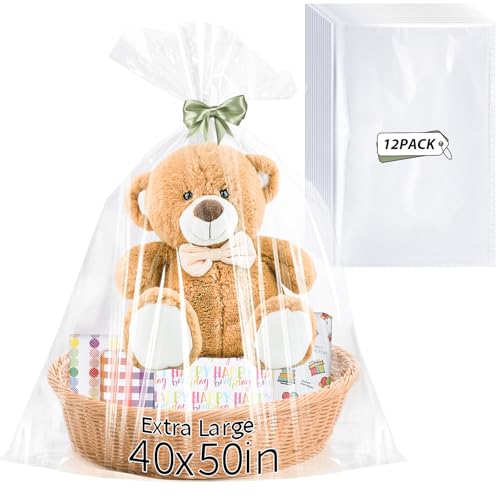 woric 40x50 Inch 12PCS Extra Large Cellophane Bags for Large Gift Baskets