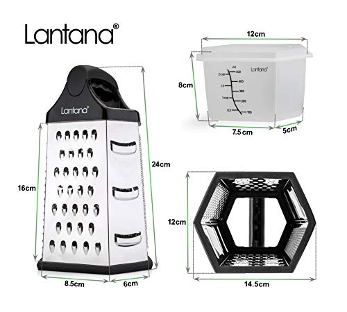 Lantana Cheese Grater With Container & Lid – Hand Held Grater/Slicer/Zester With 6 Essential Kitchen Functions For Coarse, Medium, Fine, Micro-Grating/Zesting/Slicing - Black/Polished Stainless Steel #TOP6