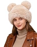 Ufgin Women's Winter Faux Fur Hat - Warm Furry Beanie with Pom Pom Fisherman Cap Casual Trendy Mongolian Hat Sports Skiing Cap(Beige)