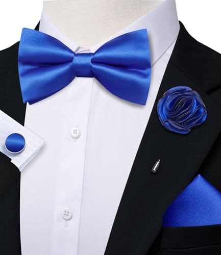 Image of Solid Color Bow Ties for Men Silk Pre-tied Tuxedo Bowtie Set 4PCS | Pre-tied in 3 seconds,adjustable 4PCS bow tie and pocket square cufflinks lapel pin set,wedding,formal,party,prom,graduation